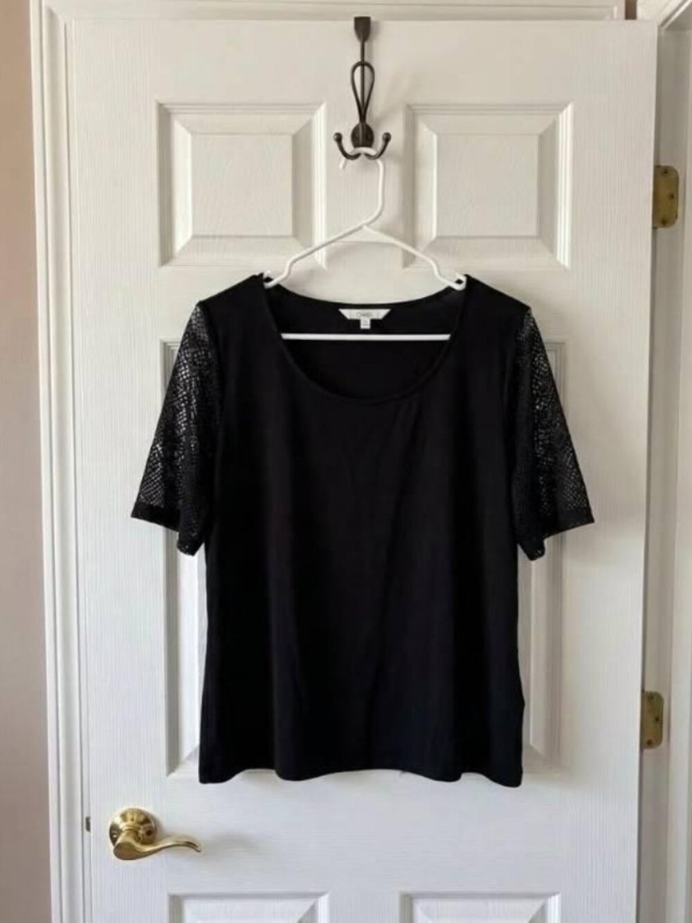 Cleo Black Scoop Neck Top with Sheer Lace Short Sleeves XX